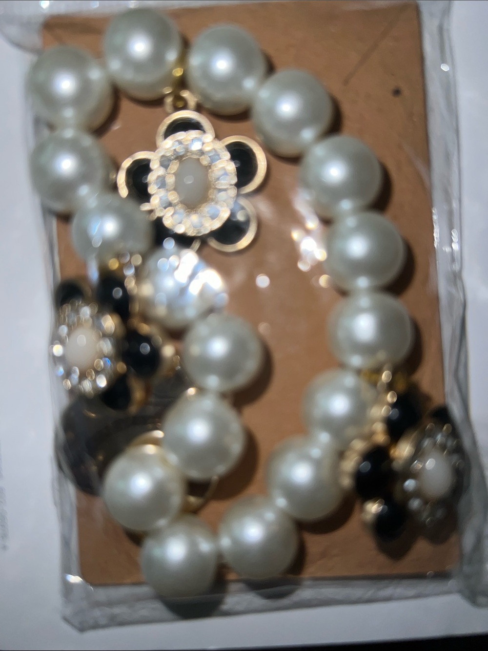 Pearl and Black Flower Charm Bracelet - Women Jewelry